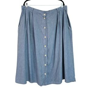 Vintage 40" Waist Chambray Pleated Daisy Button Front Midi Skirt